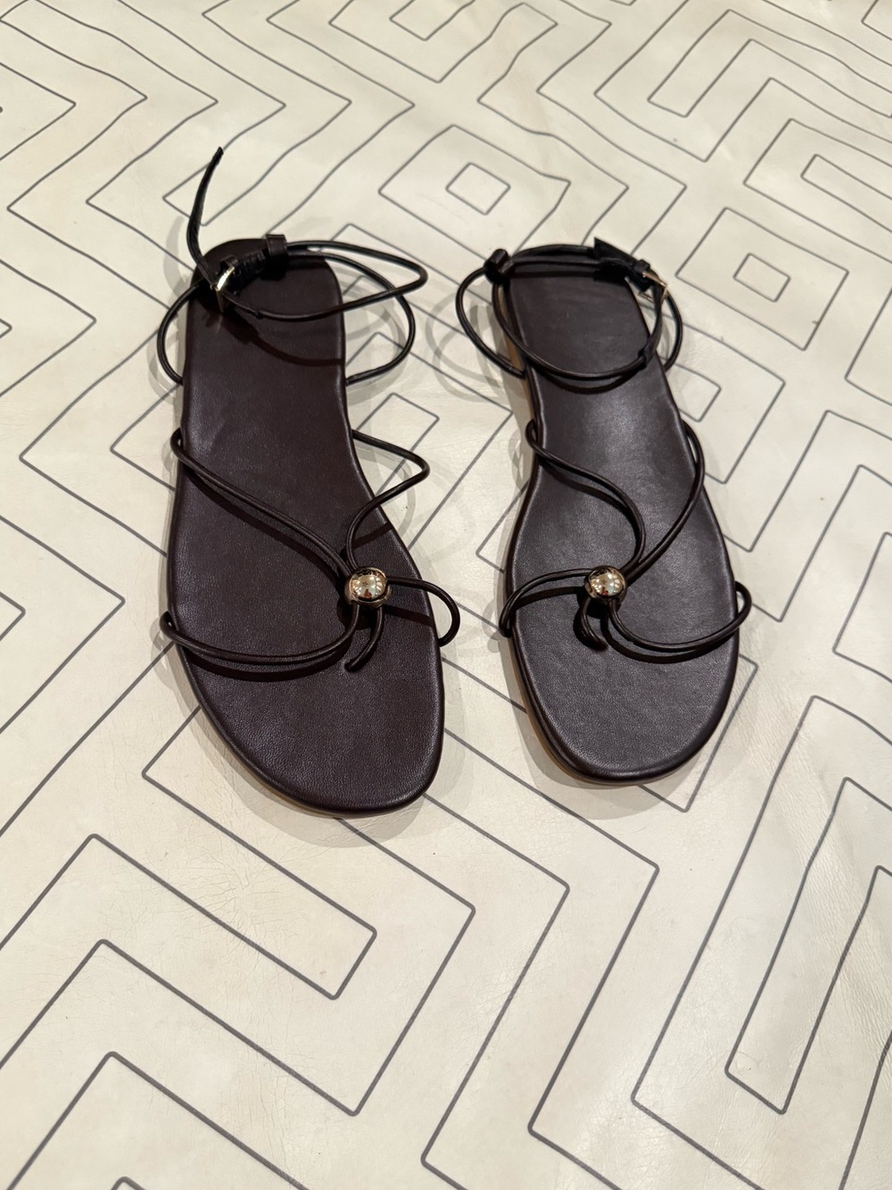 New Women's Dark Brown Strappy Flat Sandals with Gold Accent